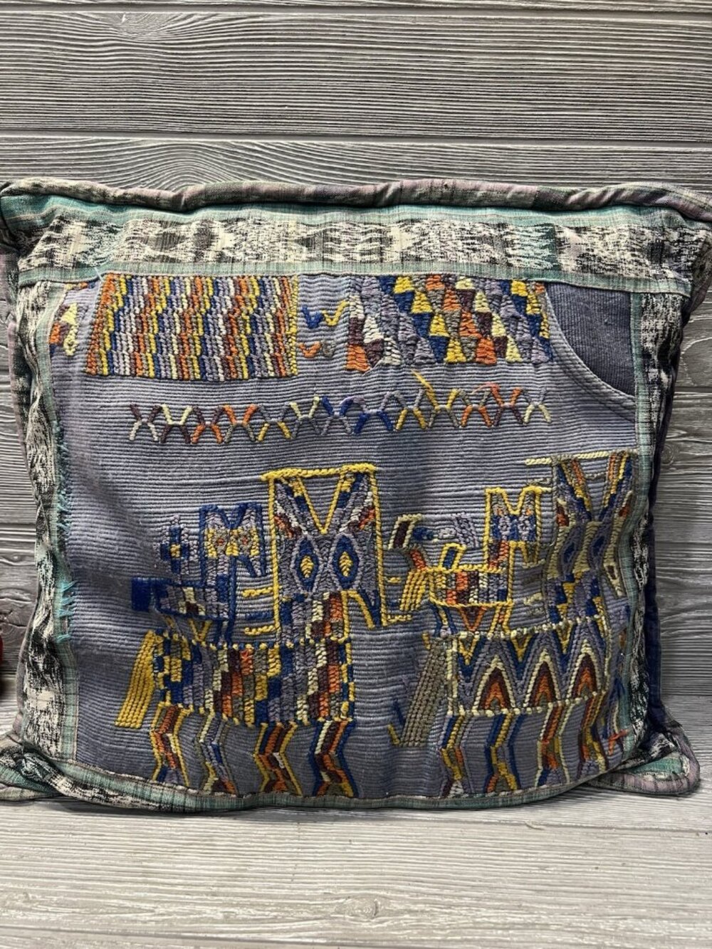 Vintage Funky Embroidered Throw Pillow Denim Tribal Textiles Zipper Cover 17”